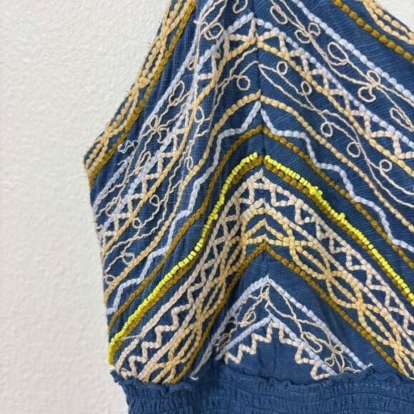Free People XL Blue Babydoll Cami Top Cotton Linen Blend Embroidered Boho Hippie - Picture 10 of 14